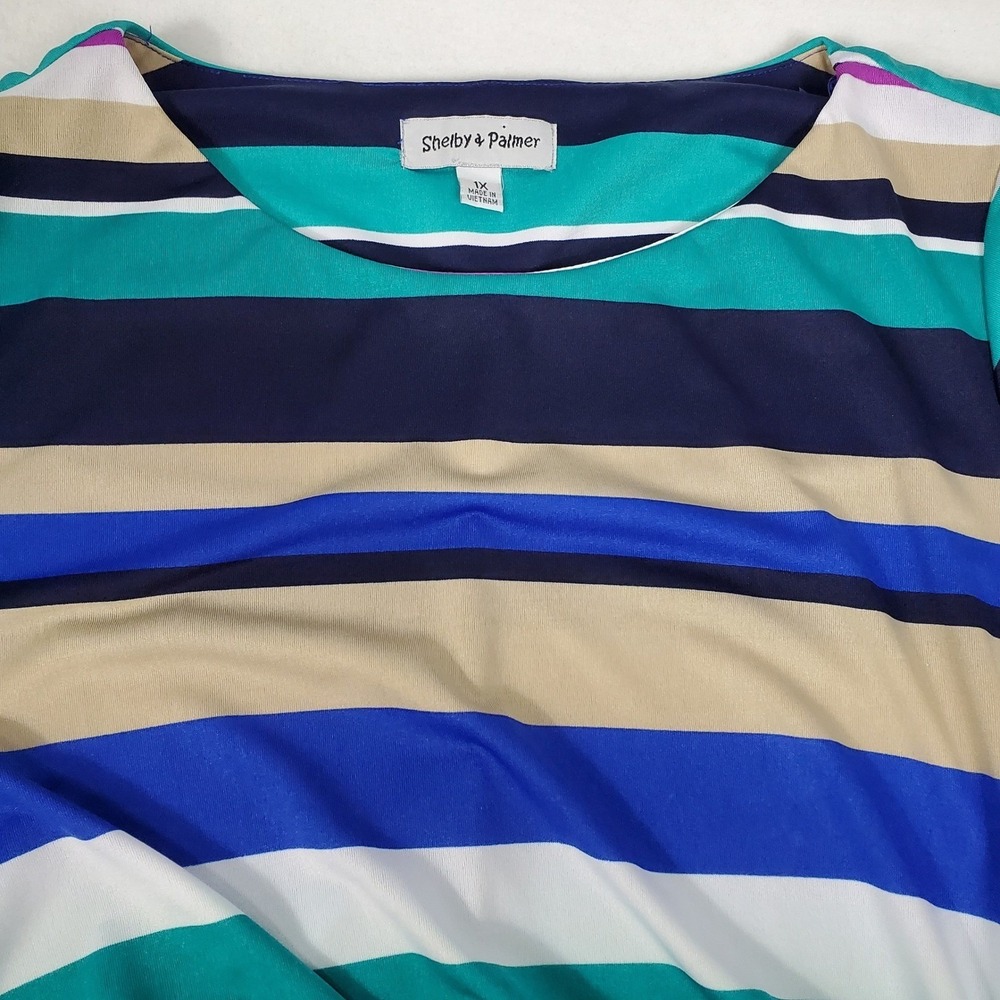 Shelby & Palmer Womens 1X Striped Side Tie Sheath Dress Blue Purple Teal NWT - Picture 9 of 13